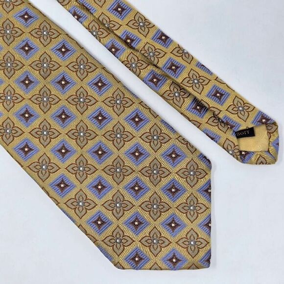 ROBERT TALBOTT BEST OF CLASS SILK TIE GOLD BLUE GEOMETRIC LUXURY SATIN 4" X 59" - Picture 1 of 3